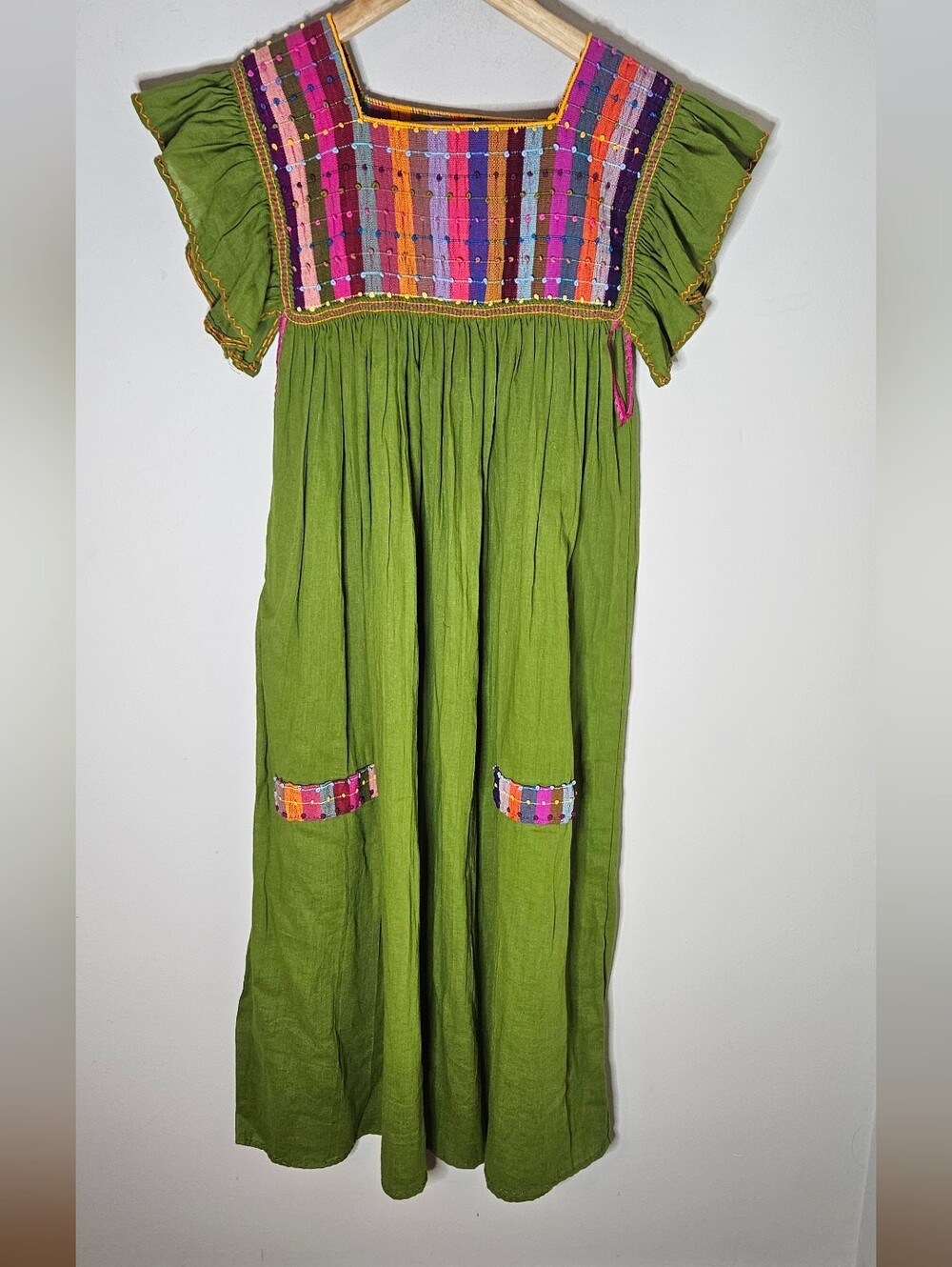 Mexican Dress Rainbow Embroidered Yoke Green Butterfly Sleeves S Small
